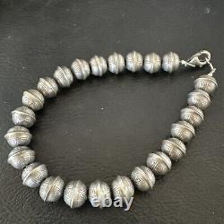 Handmade Stamped Navajo Pearls 8mm Beads 8 Sterling Silver Bracelet 17446