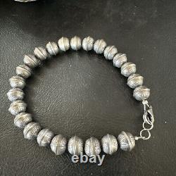 Handmade Stamped Navajo Pearls 8mm Beads 8 Sterling Silver Bracelet 17446