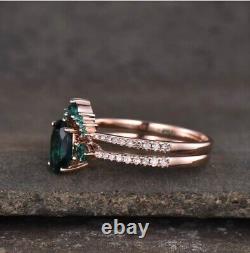 Lab Created Emerald Engagement Ring, Vintage Wedding Jewelry, Bridal Set