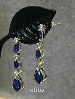 Long Art Deco 3.15Ct Blue Pear White CZ Women's Partywear Earrings In 935 Silver