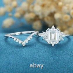 Moissanite 14K White Gold Plated Vintage 3.20 CT Emerald Cut Bridal Wedding Ring