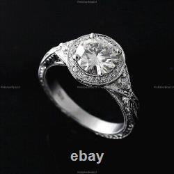 Moissanite Diamond Engraved Vintage Wedding Ring 14k White Gold Fine Jewelry