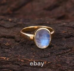 Natural Rainbow Moonstone Ring Solid 10K Gold Statement Jewelry Gift For Him