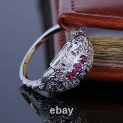 Natural Ruby Vintage Three Stone 14K White Gold Engagement Wedding Jewelry Ring