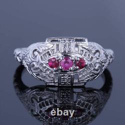 Natural Ruby Vintage Three Stone 14K White Gold Engagement Wedding Jewelry Ring