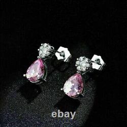 Pear Cut Simulated Pink Sapphire Drop Dangle Earrings 14K White Gold Plated