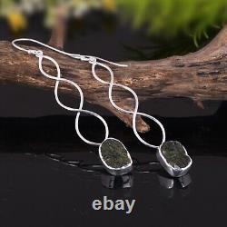 Raw Authentic Czech Moldavite Long Earring Solid 925 Silver Statement Jewelry