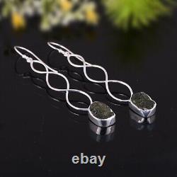 Raw Authentic Czech Moldavite Long Earring Solid 925 Silver Statement Jewelry