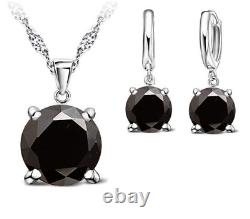 Real White Sterling Silver 4Ct Round Simulated BlackDiamond Wedding Jewelry Set