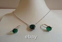 Round Cut 3Ct Simulated Emerald Necklace & Earrings Set 925 Silver Gold Plated