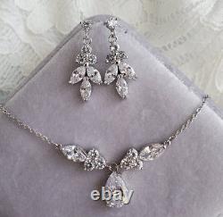 Simulated Diamond Drop Long Earrings With Teardrop Necklace Bridal Jewelry Set