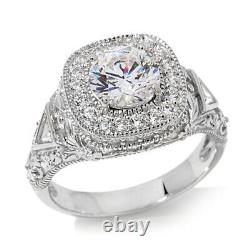 Simulated Diamond Halo Vintage Wedding Ring Sterling Silver 2.25 Ctw
