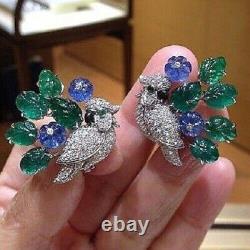 Sterling 925 Silver Earrings Cubic Zirconia Jewelry Parrot Carved Gemstone High
