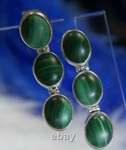 VTG 3 STONE MALACHITE1 1/4 Dangling 0.925 Sterling Silver Post PIERCED Earrings