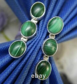 VTG 3 STONE MALACHITE1 1/4 Dangling 0.925 Sterling Silver Post PIERCED Earrings