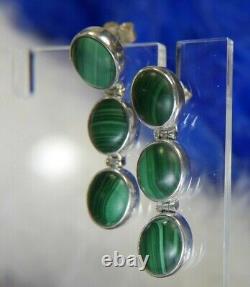 VTG 3 STONE MALACHITE1 1/4 Dangling 0.925 Sterling Silver Post PIERCED Earrings