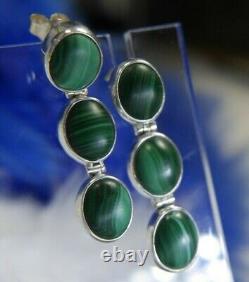 VTG 3 STONE MALACHITE1 1/4 Dangling 0.925 Sterling Silver Post PIERCED Earrings