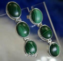 VTG 3 STONE MALACHITE1 1/4 Dangling 0.925 Sterling Silver Post PIERCED Earrings