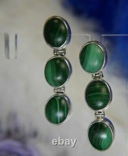 VTG 3 STONE MALACHITE1 1/4 Dangling 0.925 Sterling Silver Post PIERCED Earrings