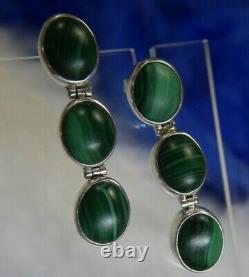 VTG 3 STONE MALACHITE1 1/4 Dangling 0.925 Sterling Silver Post PIERCED Earrings