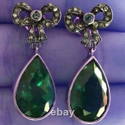 Vintage 0.96Ctw Rose Cut Diamond Emerald Studded Silver Gorgeous Earring Jewelry