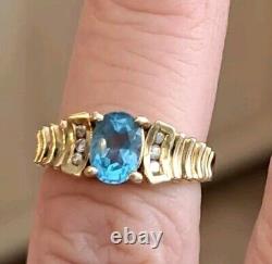 Vintage 1980s 14K Gold Oval Blue Topaz Ring 6 Diamonds