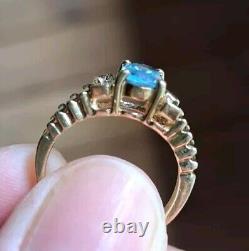 Vintage 1980s 14K Gold Oval Blue Topaz Ring 6 Diamonds