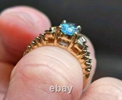 Vintage 1980s 14K Gold Oval Blue Topaz Ring 6 Diamonds