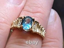 Vintage 1980s 14K Gold Oval Blue Topaz Ring 6 Diamonds