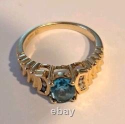 Vintage 1980s 14K Gold Oval Blue Topaz Ring 6 Diamonds