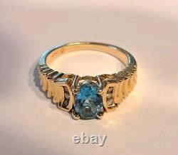 Vintage 1980s 14K Gold Oval Blue Topaz Ring 6 Diamonds