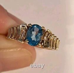 Vintage 1980s 14K Gold Oval Blue Topaz Ring 6 Diamonds