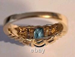 Vintage 1980s 14K Gold Oval Blue Topaz Ring 6 Diamonds