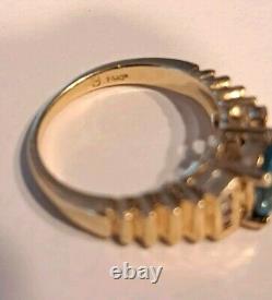 Vintage 1980s 14K Gold Oval Blue Topaz Ring 6 Diamonds