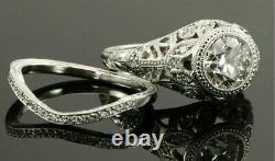 Vintage 2Ct Round Simulated Diamond Bridal Ring Set 925 Sterling Silver Plated