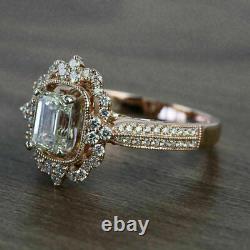 Vintage 3Ct Emerald Cut Moissanite Engagement Solitaire Ring 14K Rose Gold Over
