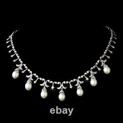 Vintage Antique Inspired CZ Crystal Drop Pearl Bridal Necklace Wedding Jewelry