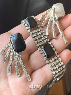 Vintage Baguette Onyx Bridal Wedding Quality Antique Bracelet Clip On Earrings