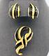 Vintage Brooch & Clip On Earring Set Black Enamel With Inlaid Pearls Gold Setting