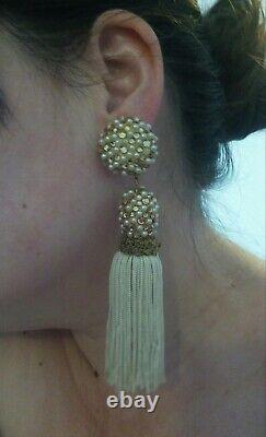 Vintage Couture James Arpad $600+ Crystal Bead Fringe Dangle Clip On Earrings