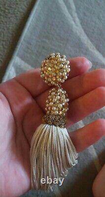 Vintage Couture James Arpad $600+ Crystal Bead Fringe Dangle Clip On Earrings