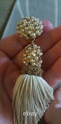 Vintage Couture James Arpad $600+ Crystal Bead Fringe Dangle Clip On Earrings