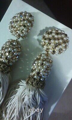 Vintage Couture James Arpad $600+ Crystal Bead Fringe Dangle Clip On Earrings