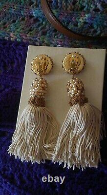 Vintage Couture James Arpad $600+ Crystal Bead Fringe Dangle Clip On Earrings