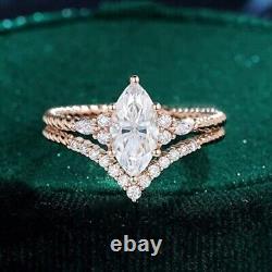 Vintage Curved Marquise & Round Moissanite 14K Bridal Wedding Ring Set Jewelry