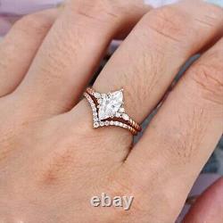 Vintage Curved Marquise & Round Moissanite 14K Bridal Wedding Ring Set Jewelry
