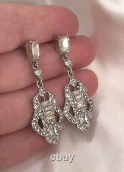 Vintage Jewellery White Crystal Silver Earrings Antique Deco Jewelry Ear Rings