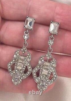 Vintage Jewellery White Crystal Silver Earrings Antique Deco Jewelry Ear Rings