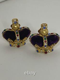 Vintage MEROLA London Gold Plated Crystal Encrusted Crown Clip On Earrings