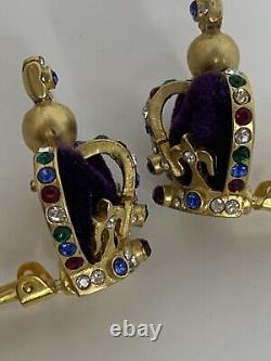 Vintage MEROLA London Gold Plated Crystal Encrusted Crown Clip On Earrings